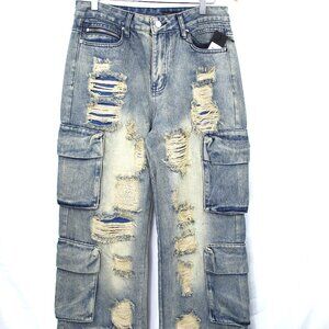Rockstar Original Peppe Men's Baggy Cargo Blue Washed Distressed Grunge Jeans 32